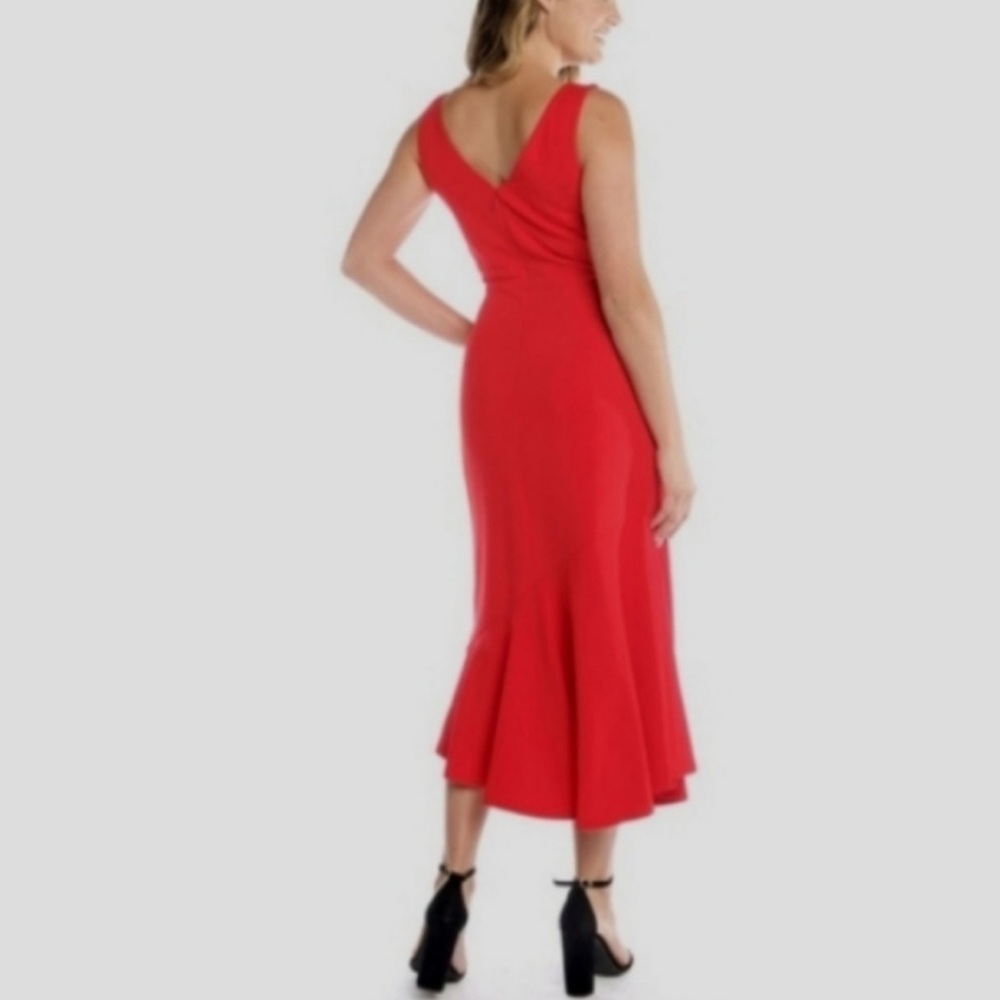 Sharagano Women Red Sleeveless Square Neck High Low Flounce Midi Dress
